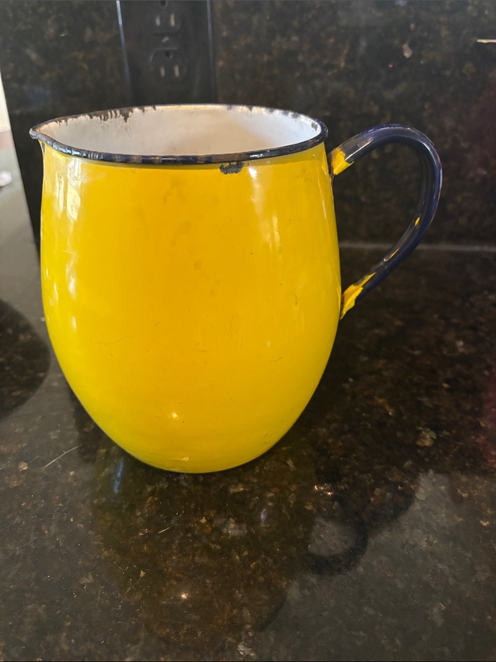 Yellow Enamel Pitcher with Blue Trim